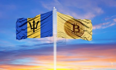 Photo for Bitcoin and Barbados two flags on flagpoles and blue sk - Royalty Free Image