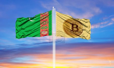 Photo for Bitcoin and Turkmenistan two flags on flagpoles and blue sk - Royalty Free Image