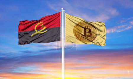 Photo for Bitcoin and angola two flags on flagpoles and blue sk - Royalty Free Image