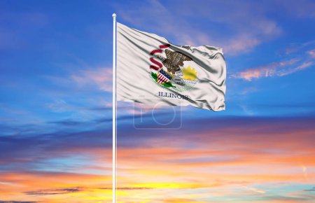 Photo for Illinois flag on flagpoles and blue sk - Royalty Free Image