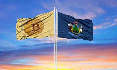 Photo for Bitcoin and State Maine two flags on flagpoles and blue sk - Royalty Free Image