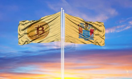 Bitcoin and New Jersey two flags on flagpoles and blue sk