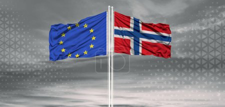 Téléchargez les photos : Union européenne et le nord deux drapeaux sur les mâts et ciel nuageux bleu. Concept de diplomatie, relations internationales - en image libre de droit