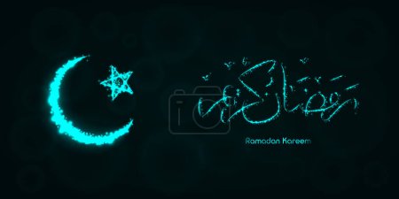 Illustration for Ramadan Kareem Lights Silhouette on Dark Background. Glowing Lines and Points. Ramadan Kareem Arabic calligraphy. Celebration of Muslim community festival. - Royalty Free Image