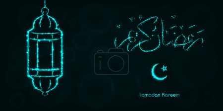 Illustration for Ramadan Kareem Lights Silhouette on Dark Background. Glowing Lines and Points. Ramadan Kareem Arabic calligraphy. Celebration of Muslim community festival. - Royalty Free Image