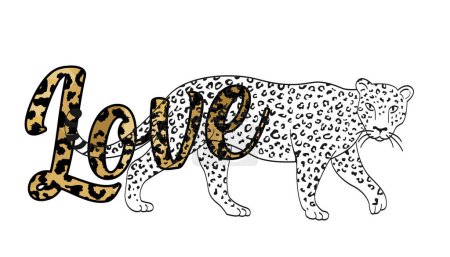 Ilustración de Amor. Ilustración vectorial para una camiseta con la palabra Amor y un leopardo aislado en blanco - Imagen libre de derechos