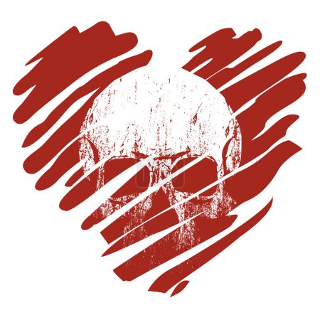 Illustration for T-shirt design of a red heart and a skull. Vector design for a bloody valentine. - Royalty Free Image