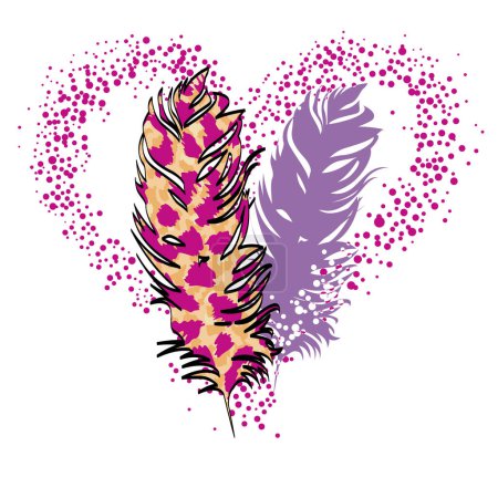 Illustration for Design for a t-shirt with a heart and two feathers with a leopard print. - Royalty Free Image