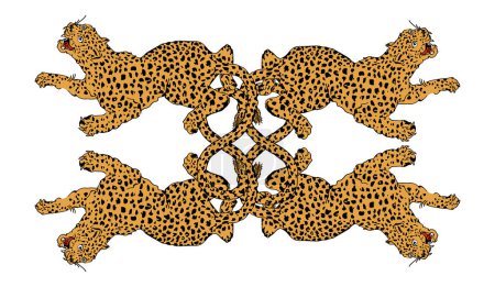 Illustration for Vector illustration of four intertwined leopards isolated on white. Design for poster or t-shirts. - Royalty Free Image