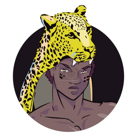 Illustration for Vector illustration of a young african man with a leopard head - Royalty Free Image