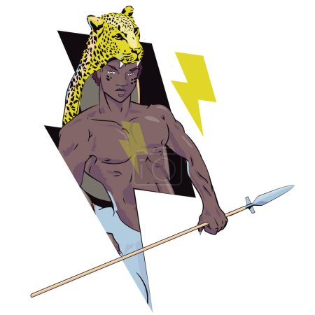 Illustration for Vector illustration of a young african man with a spear and the symbol of thunderbolt. - Royalty Free Image