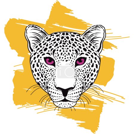 Illustration for T-shirt design of a leopard head with an orange brushstroke. Vector illustration for a safari. - Royalty Free Image