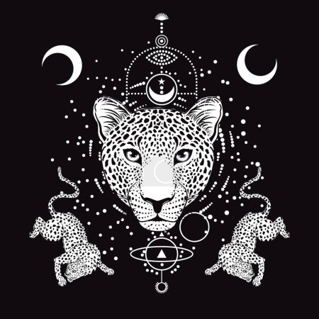 Illustration for Design for t-shirt with leopards and geometric elements isolated on black - Royalty Free Image