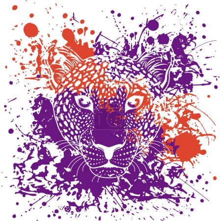 Illustration for Vector illustration of a leopard's face next to purple and orange spots. - Royalty Free Image