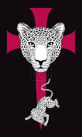 Illustration for T-shirt design with leopards on a large red medieval cross silated on black. Vector illustration on heraldic themes. - Royalty Free Image