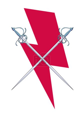 Illustration for Vector illustration of two clashing swords over the symbol of red thunderbolt. Ideal design for chivalry and adventure comics. - Royalty Free Image