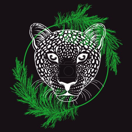 Illustration for Illustration for t-shirt of a leopard head with mistletoe inside a circle. Vector design of animal life. - Royalty Free Image