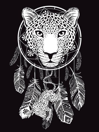 Illustration for T-shirt design of a leopard head and a dream catcher isolated on black - Royalty Free Image