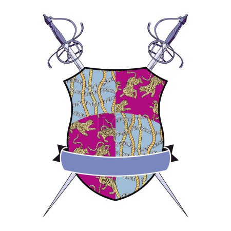 Ilustración de Diseño para una camiseta de un escudo de armas con decoraciones de estampado animal y cuerdas con cadenas. - Imagen libre de derechos