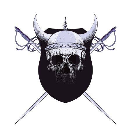 Ilustración de Camiseta de diseño de un escudo con espadas y un cráneo vikingo. Ilustración vectorial para temas caballerescos y de aventura. - Imagen libre de derechos
