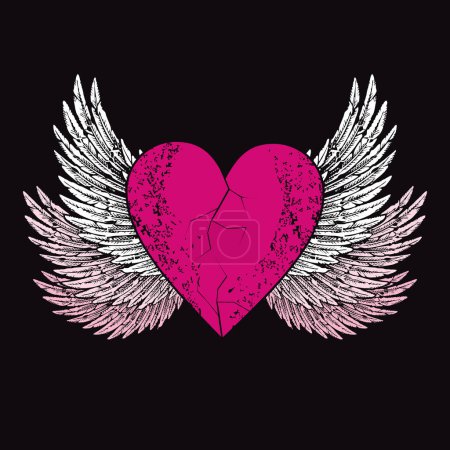 Téléchargez les illustrations : Conception vectorielle pour t-shirt d'un coeur rose avec des ailes isolées sur noir. Illustration d'un cœur brisé volant. - en licence libre de droit