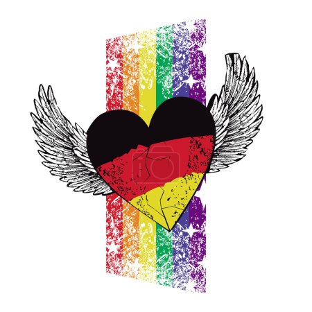 Illustration for T-shirt design of a winged heart with the colors of the German flag. Vertical rainbow. Illustration for gay pride day in a European country. - Royalty Free Image