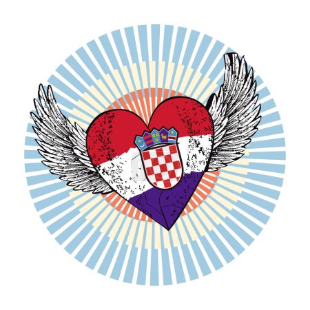 Illustration for T-shirt design of a winged heart with the colors of the Croatian flag. - Royalty Free Image