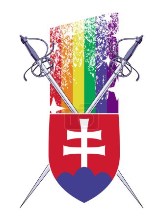 Téléchargez les illustrations : T-shirt design des armoiries Slovaquie avec deux épées et un arc-en-ciel. bouclier de saint Cyrille. Illustration vectorielle pour gay pride day - en licence libre de droit