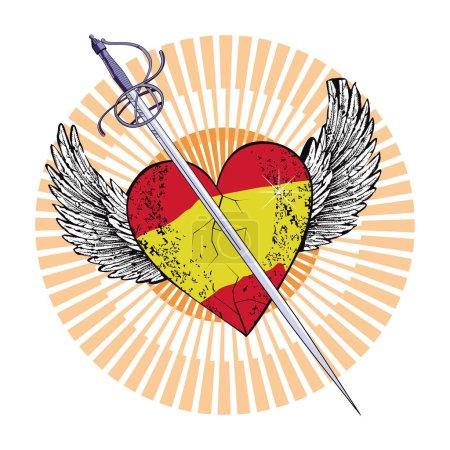 Illustration for T-shirt design of a winged heart with the colors of the Spanish flag pierced by a medieval sword. Vector illustration for Spanish patriotism - Royalty Free Image