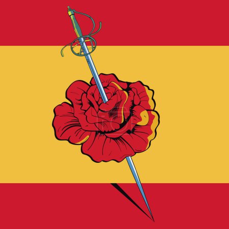 Illustration for Vector illustration of a rose crossed by a sword on the Spanish flag. - Royalty Free Image