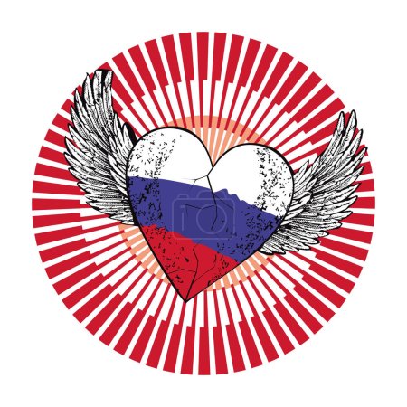 Illustration for T-shirt design with a winged heart with the colors of the flag of the Russian Federation. Vector illustration about Slavic patriotism. - Royalty Free Image
