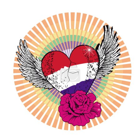 Illustration for T-shirt design of a winged heart with the colors of the flag of the Netherlands and a pink flower. Vector illustration for gay pride day. - Royalty Free Image
