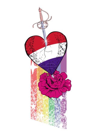 Téléchargez les illustrations : T-shirt design d'un cœur ailé aux couleurs du drapeau des Pays-Bas, une épée et une fleur rose. Illustration vectorielle pour gay pride day. - en licence libre de droit
