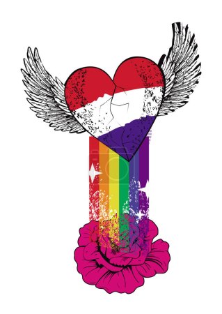 Téléchargez les illustrations : T-shirt design d'un cœur ailé aux couleurs du drapeau des Pays-Bas et d'un arc-en-ciel. Illustration vectorielle pour gay pride day. - en licence libre de droit