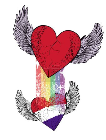 Illustration for T-shirt design of a winged heart with the colors of the flag of the Netherlands and a rainbow. Vector illustration for gay pride day. - Royalty Free Image
