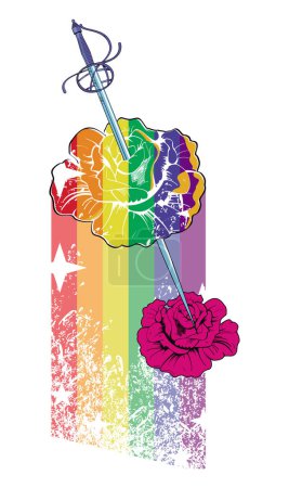 Illustration for T-shirt design of a flower pierced by a sword and a rainbow in the background. Vector illustration for gay pride day. - Royalty Free Image