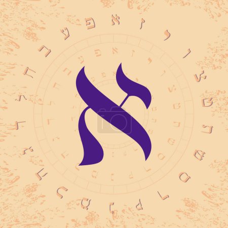 Vector illustration of the Hebrew alphabet in circular design. Hebrew letter called Aleph large.
