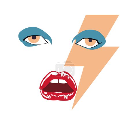 Téléchargez les illustrations : Illustration vectorielle avec une bouche féminine, des yeux et un éclair rose. Design pour t-shirts ou affiches avec style des années 80 - en licence libre de droit
