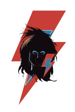 Téléchargez les illustrations : Conception d'un t-shirt avec le symbole du tonnerre et le visage d'un musicien rock des années 80. affiche glam rock - en licence libre de droit