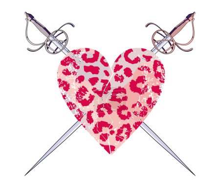 Illustration for T-shirt design of a heart with animal print and two crossed medieval swords. - Royalty Free Image