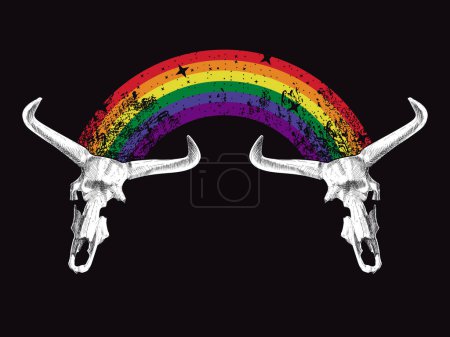 Téléchargez les illustrations : Design pour t-shirt de deux os d'animaux à cornes reliés par un arc-en-ciel - en licence libre de droit