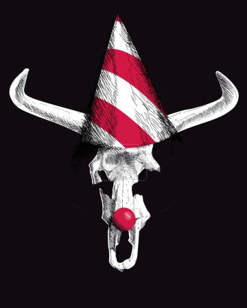 Illustration for Vector illustration of a horned skeleton with a clown hat and nose on a dark background. - Royalty Free Image