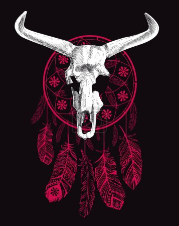 Illustration for Design for t-shirt of the skeleton of an animal with horns on a dream catcher isolated on black. Extinct animal called aurochs - Royalty Free Image
