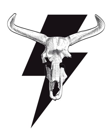 Illustration for Vector illustration for t-shirt of animal head with horns next to the symbol of thunder. Aurochs skeleton. - Royalty Free Image