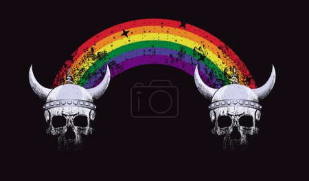 Téléchargez les illustrations : T-shirt design de deux crânes vikings rejoints par un arc-en-ciel isolé sur noir - en licence libre de droit