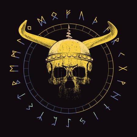 Téléchargez les illustrations : T-shirt vectoriel d'un crâne viking avec des cornes sur une étoile inversée et des caractères runiques isolés sur du noir. Affiche - en licence libre de droit