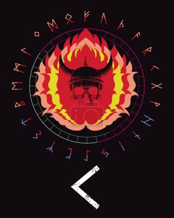 Illustration for Design for a t-shirt of the runic letter called Kenaz next to a burning skull. Runic alphabet for posters. - Royalty Free Image