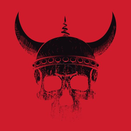 Illustration for T-shirt illustration of a viking skull on a red background. Design to illustrate demonic themes - Royalty Free Image