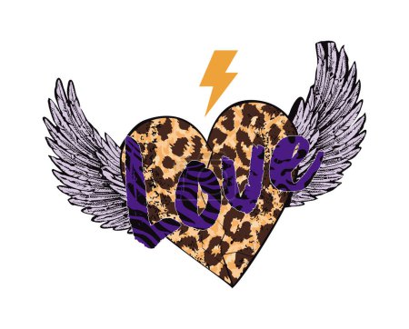 Illustration for Love. Design for winged heart t-shirt with animal print texture and the symbol of thunder. - Royalty Free Image