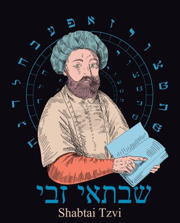 Ilustración de un falso mesías de la historia del pueblo hebreo. Profeta judío de la época medieval. Alfabeto hebreo.